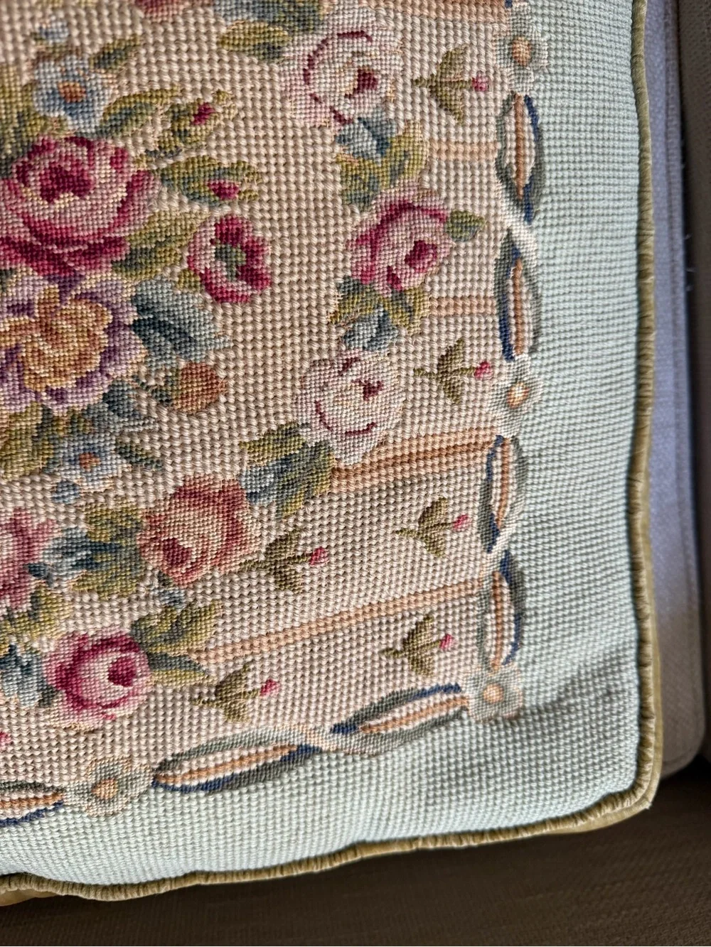 Pair Antique French PILLOW Cushions large needlepoint petitpoint roses